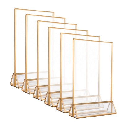 Clear Acrylic Wedding Table Number Holder Stands with Gold Borders, Double Sided Picture Frames Sign for Restaurant Menu Recipe Cards Photo Display