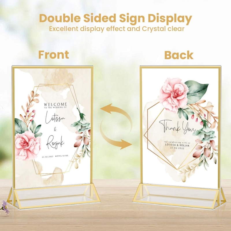 Clear Acrylic Wedding Table Number Holder Stands with Gold Borders, Double Sided Picture Frames Sign for Restaurant Menu Recipe Cards Photo Display